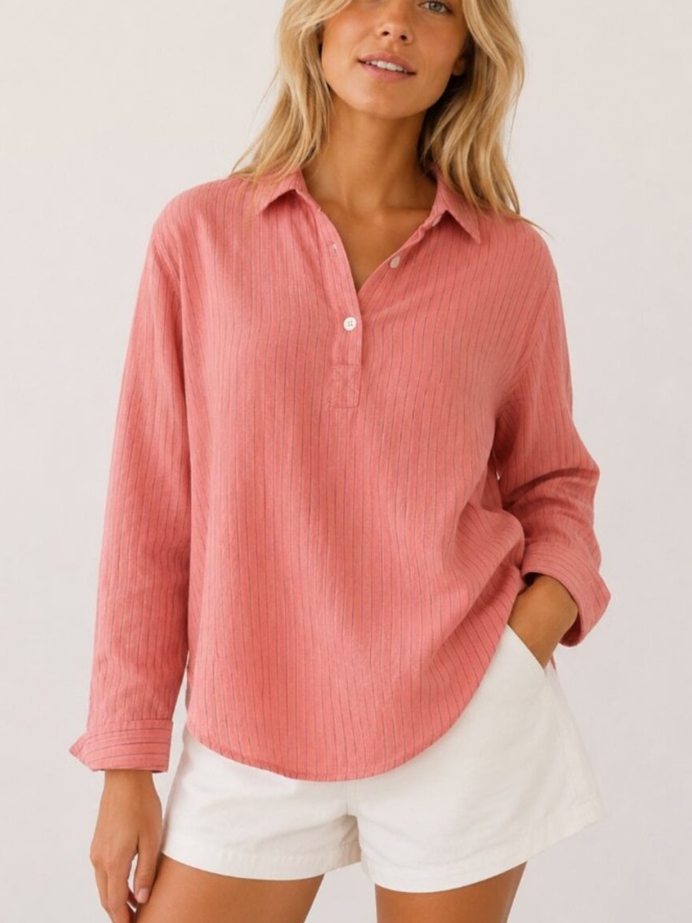 Alex Mill Salmon Color Stripe Cotton Linen Popover Top Size XS 8746